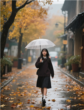 秋天下雨天氛围感撑伞美女图片